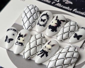 Victorian Hares Press On Nails, Black and White Gothic Easter Press Ons, Alternative Spring Nails, Witchy Spring Nails, Reusable False Nails