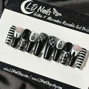 Little Storm Cloud Press On Nails: Gothic Black and White Striped Halloween False Nails