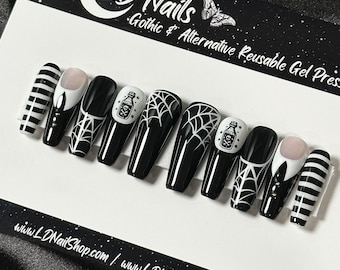 Little Storm Cloud Press On Nails: Gothic Black and White Striped Halloween False Nails