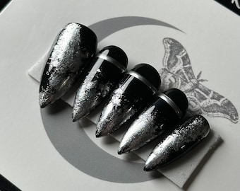 Gilded 1, Gothic Black and Silver Press On Nails, Silver Chrome Press Ons, Goth Reusable False Nails