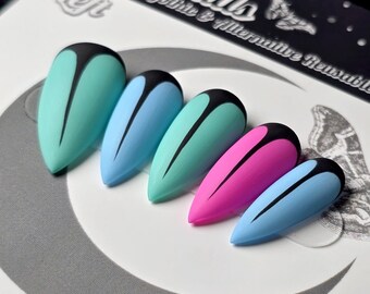 Spring Widow Press On Nails, Neon Goth Stiletto Nails, Matte Black Negative Space Nails, Teal Blue Pink Alternative Nails, Cyberpunk Goth