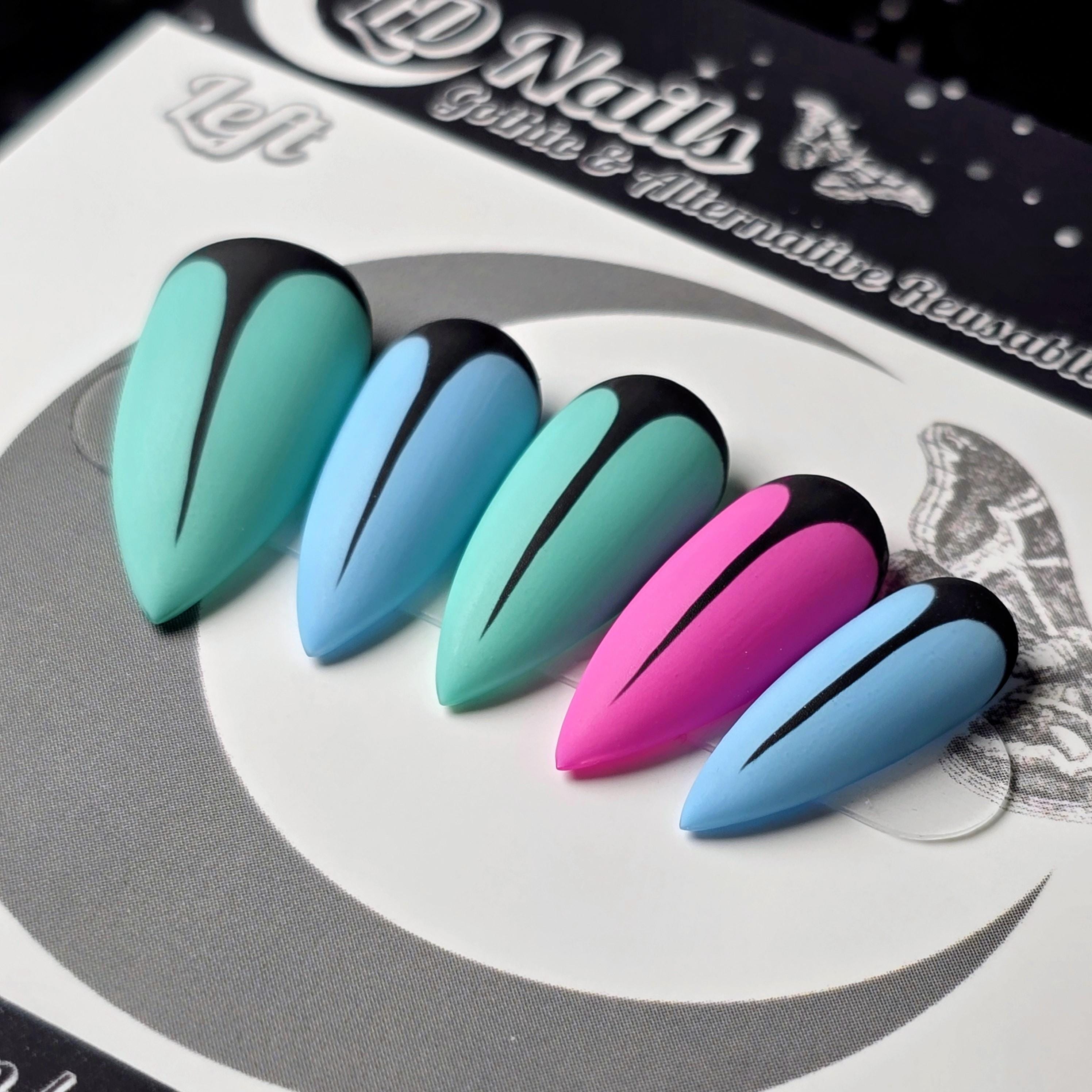 Neon Goth Summer Stiletto Press On Nails, Black Teal Blue Pink Cyberpunk Press Ons