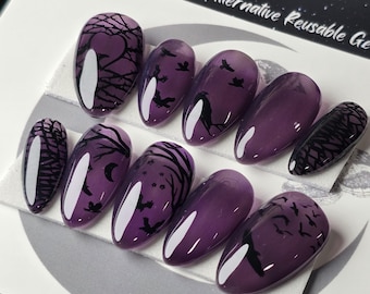 Murder on my Hands Press On Nails, Gothic Crow Press Ons Nails, Black and Purple Reusable Raven Nail Set