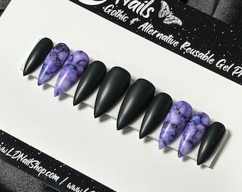 Amethyst Granite, Gemstone Nails, PRESS ON NAILS, Gothic Press Ons, Alternative Nails, Witchy Nails, Goth Nails, Reusable False Nails