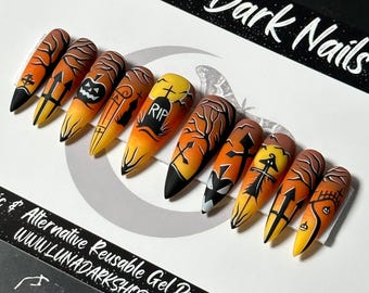 Fright Night Press On Nails: Spooky Halloween Graveyard, Gothic Witchy Reusable False Nails