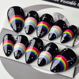 Midnight Rainbow Press On Nails, Gothic Starry Dark Rainbow Press Ons, Goth Summer, Pride Nails, Reusable False Nails