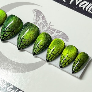 Green Halloween Cat Eye Press On Nails: Gothic Spiderweb Witchy Nails