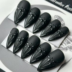 Gothic Embossed Black Press On Nails: Witchy Reusable False Nails