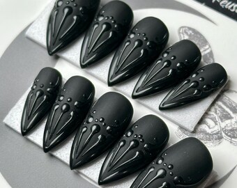 Gothic Embossed Black Press On Nails: Witchy Reusable False Nails