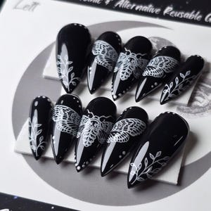 Death’s Head Hawkmoth, Moth Nails, Witchy Press On Nails, Gothic Summer Nails, Black & White Nails, Goth Nails, Reusable False Nails