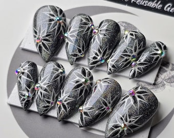 Floral Glitter Cat Eye Press On Nails: Gothic Witchy Reusable False Nails