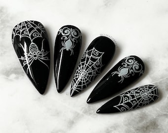 Spiderweb Goth Press On Nails, Witchy Halloween False Nails