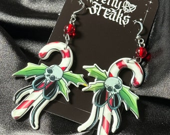 Skull Candy Cane Earrings: Goth Christmas Dangle Earrings