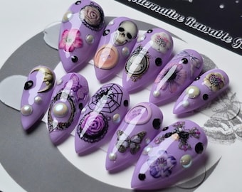 Borrowers Garden Press On Nails, Purple Gothic Spring Press Ons, Alternative Spring Nails, Witchy Garden Nails, Reusable False Nails