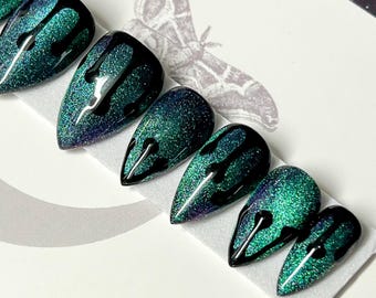 Gothic Drip Press On Nails: Blue Purple Cat Eye, Reusable Witchy False Nails