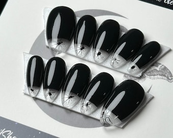 Handmade Gothic Spider Press On Nails, Black Clear Cutout Tips, Halloween Press Ons