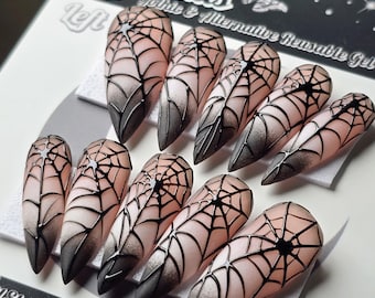 Spiderweb Press On Nails – Gothic Black Ombre, Reusable Gel Nails