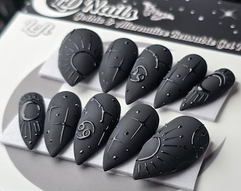 Witchy Black Zodiac Press On Nails, Gothic Horoscope 3D Embossed Press Ons