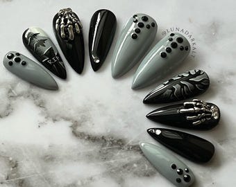 Cimetière gothique à presser sur les ongles : main squelette 3D, faux ongles d'Halloween réutilisables