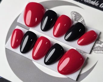 Red and Black Press On Nails: Gothic Valentine's Day Reusable False Nails
