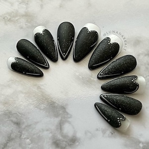 Gothic Press On Nails: Matte Black Glitter, Silver Metal Heart, Reusable