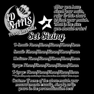 The image is a black and white advertisement for nail polish sets, featuring a star and text providing information about the sizes of the nail polish sets.