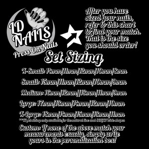 The image is a black and white advertisement for nail polish sets, featuring a star and text providing information about the sizes of the nail polish sets.