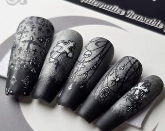 Deaths Rosary - Crypt Couture, Gothic Halloween Press On Nails, Spooky Vamp Cat Eye Nails