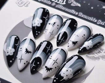 Gothic Rainbow Bats Press On Nails, Monochrome Reusable False Nails