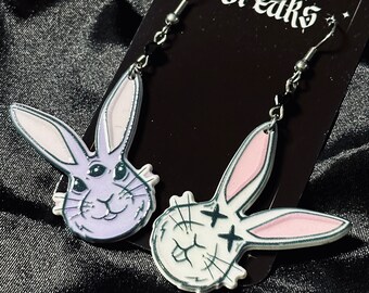 Gothic Easter Bunny Mismatched Earrings: Creepy Goth Dangle Hoops
