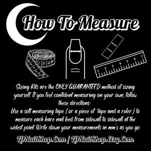 The image is a black and white illustration that provides instructions on how to measure one's nails using a sizing kit. It includes illustrations of a measuring tape, a ruler, and a soft measuring tape, along with text that explains the proper use of these tools to ensure accurate measurements.