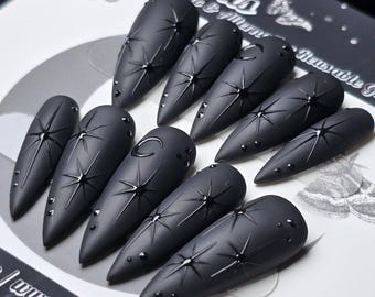 Handmade Black Witchy Celestial Press On Nails, Gothic Moon Stars Custom False Nails