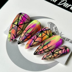 Rainbow Spiderweb Press On Nails: Neon Goth Halloween Reusable False Nails