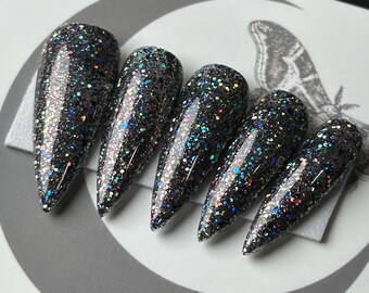High Vibration Glitter Press On Nails: Gothic Silver Party Nails