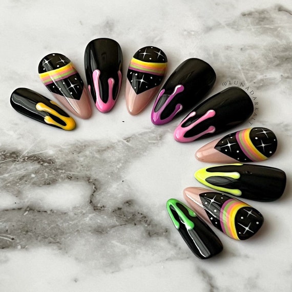 Neon Space Rainbow Nails Neon Drip Nails Goth Press Ons - Etsy