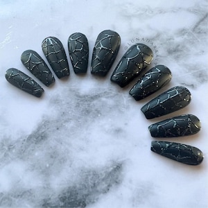 Gothic Press On Nails: Black Flash Glitter Spiderweb, Reusable False Nails