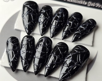 Flash Glitter Spiderweb Press On Nails, Black Gothic Halloween Press Ons