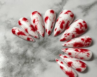 Crime Scene Thermal Press On Nails, Halloween Blood Spatter, Goth False Nails