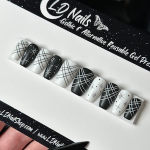 Black and White Star Press On Nails: Gothic Cosmic False Nails