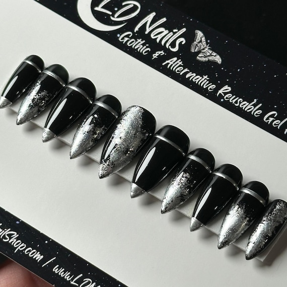Gothic Black Silver Chrome Press On Nails, Witchy Handmade Reusable Press Ons
