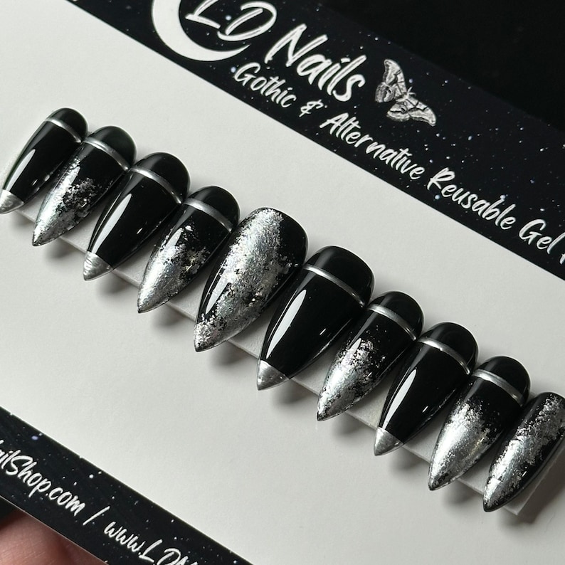 Gothic Black Silver Chrome Press On Nails, Witchy Handmade Reusable Press Ons image 1