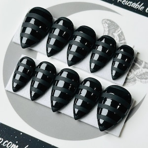 Goth Press On Nails: Black Horizontal Stripes, Reusable False Nails
