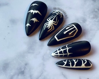 Ongles gothiques d'Halloween à presser : chauves-souris effrayantes, toiles d'araignée, cercueils, faux ongles réutilisables