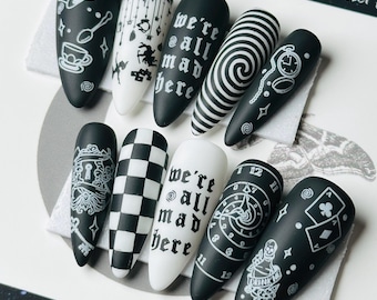 Alice in Wonderland Press On Nails, Handmade Gothic Black and White Reusable Press Ons
