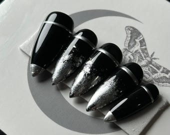Gilded 2 Press On Nails, Gothic Black and Silver Chrome Press Ons, Witchy Reusable False Nails