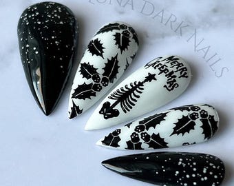 Gothic Christmas Press On Nails, Merry Creepmas Reusable False Nails
