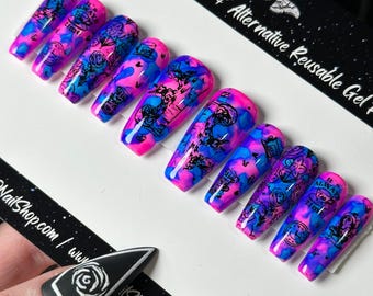 RTS Gothic Press-On Nails: Pink and Blue Tea Party, Long Coffin - Size Large