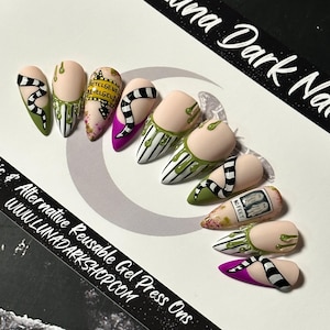 Press On Nails, BG 3D, Green and Purple Nails, Black and White Striped, Halloween Press Ons, Gothic Press Ons, Custom Reusable Nails