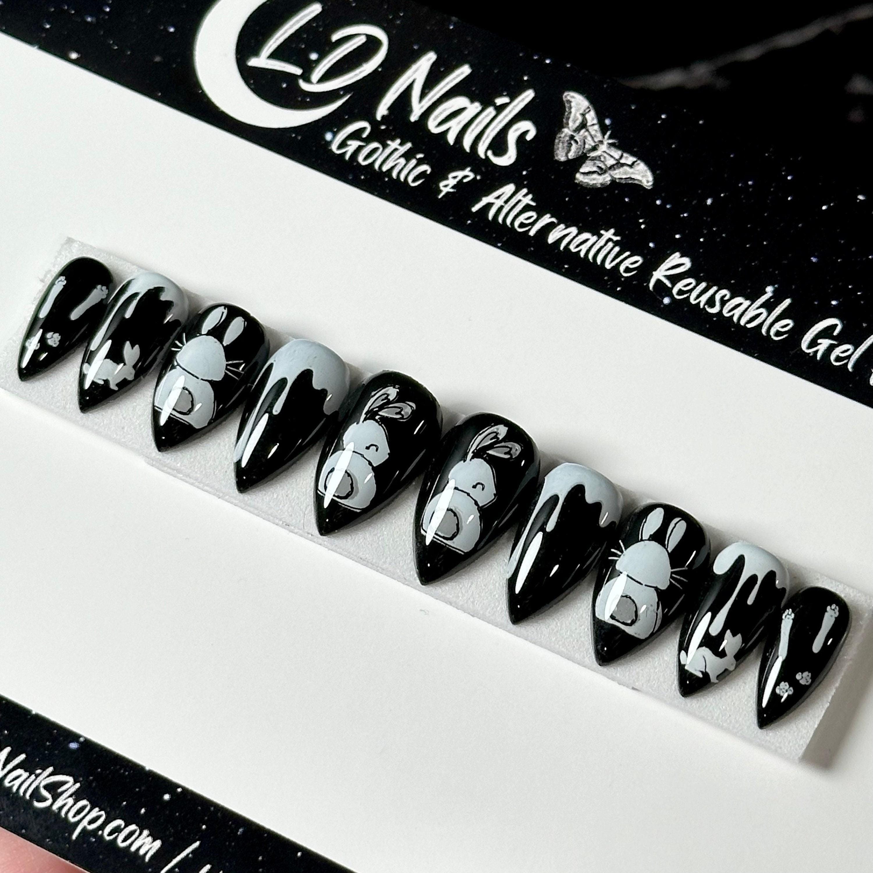 Gothic Bunny Press on Nails, Handmade Black and White Easter Press