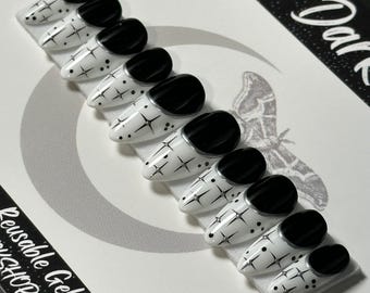 Witchy Starry French Press On Nails: Black Celestial Reusable False Nails